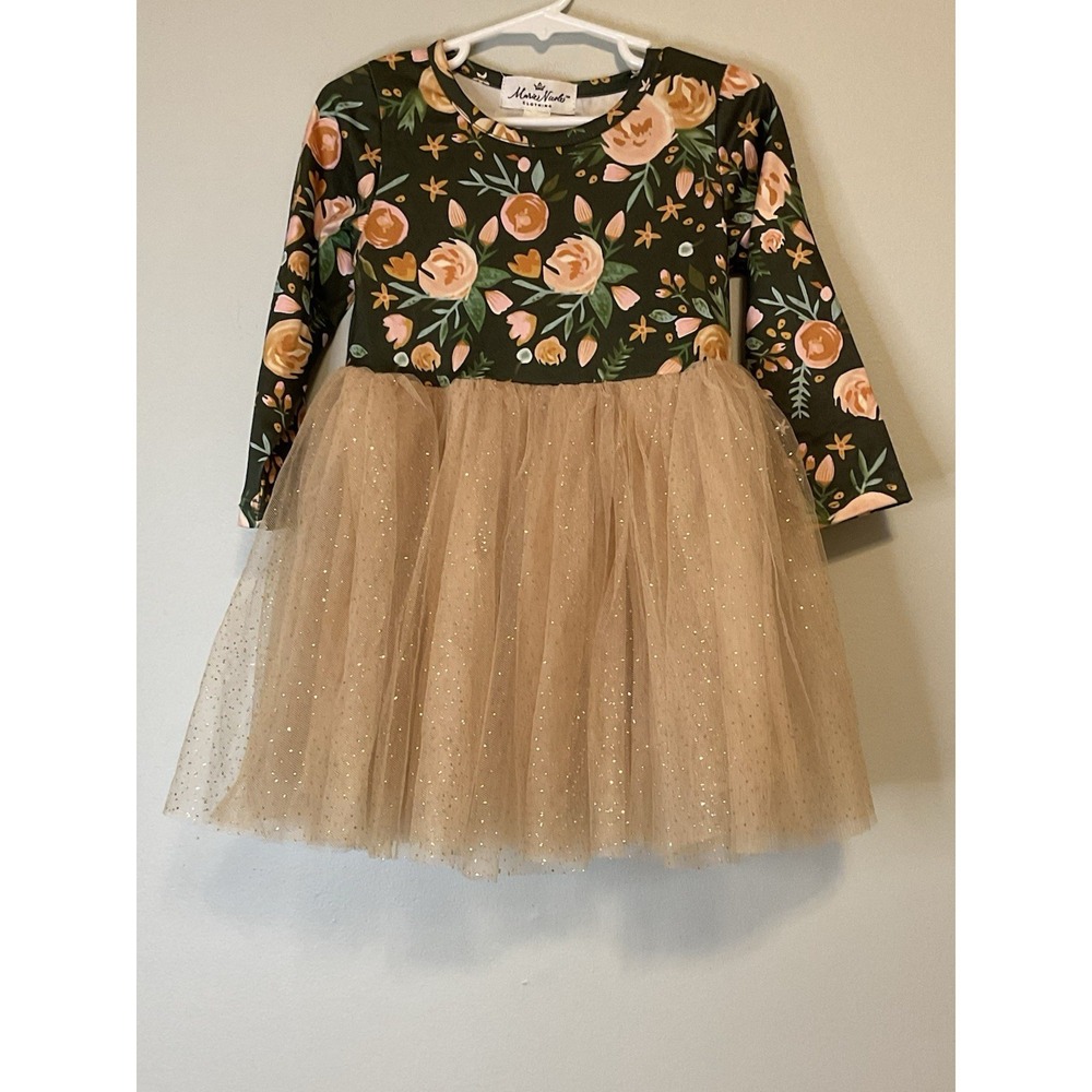 Marie Nicole Boutique Girls Small Green Floral Tulle Glitter Dress